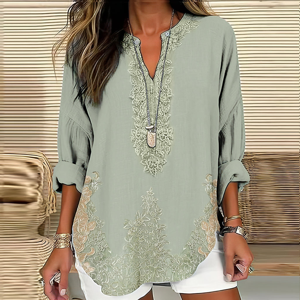 Women's Retro Floral Art Linen Print Casual Shirt