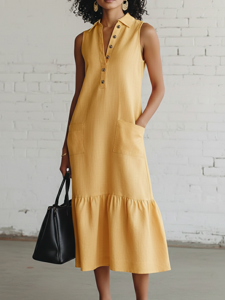 Elegant Cozy Lapel Ruffled Hem Linen-cotton Dress