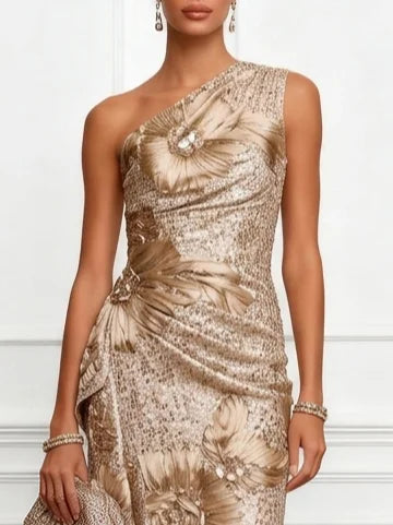 Champagne 3D Floral Sequin One Shoulder Sleeveless Mermaid Floor-length Gown Dress