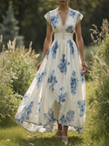 (SIZE:XS-XXL)Linen Maxi Dress, Sleeveless, V neck, Floral, Vintage, White