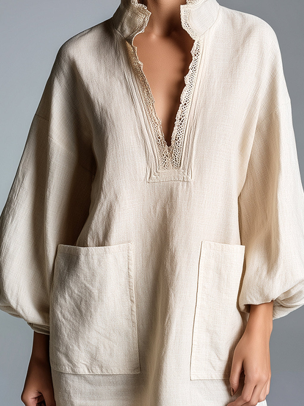 Beige V-neck Lace-trimmed Lantern Sleeve Patch Pocket Loose Mini Dress