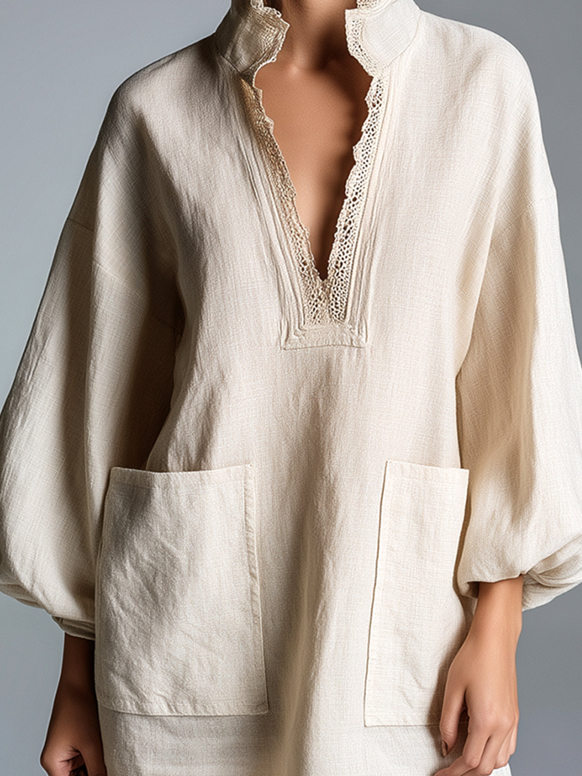 Beige V-neck Lace-trimmed Lantern Sleeve Patch Pocket Loose Mini Dress