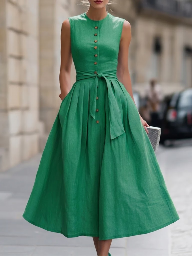 Elegant A-line Sleeveless Linen And Cotton Dress