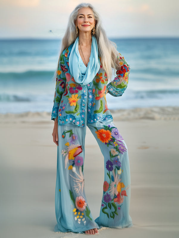 Vacation seaside elegant embroidery top + pant two piece set 21ec
