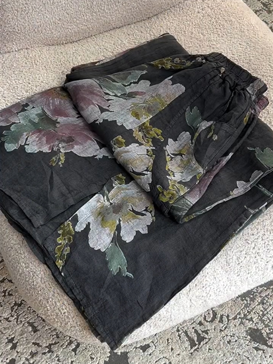 Women's Vintage Floral Print Casual Cotton and Linen Pants