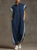 Women's Stand-collar Short-sleeved Casual Loose Cotton And Linen Wide-leg Jumpsuit