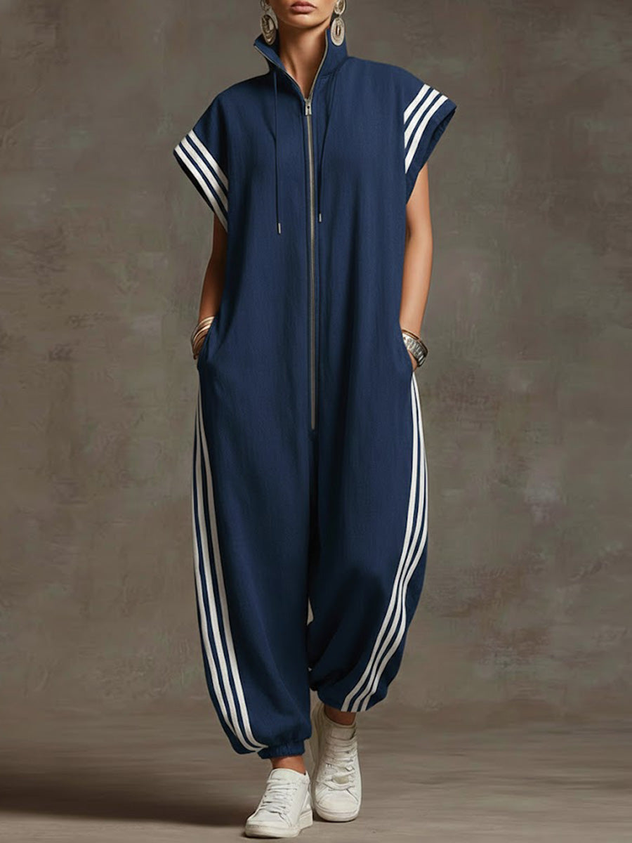 Women's Stand-collar Short-sleeved Casual Loose Cotton And Linen Wide-leg Jumpsuit