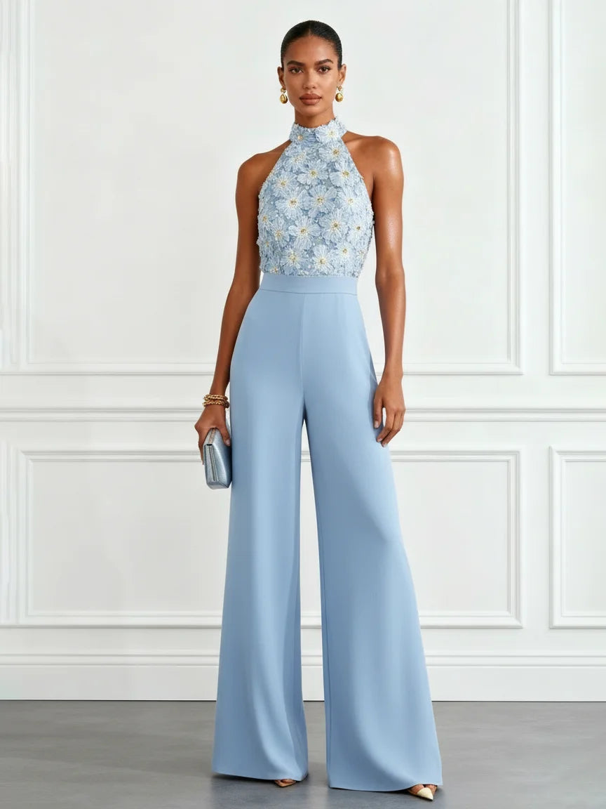 Women Light Blue 3D Floral Halter Neck Sleeveless Dressy Jumpsuit