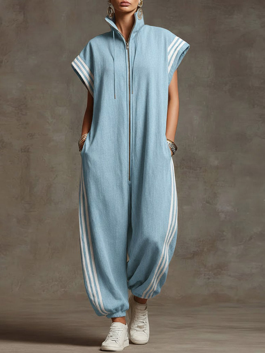Women's Stand-collar Short-sleeved Casual Loose Cotton And Linen Wide-leg Jumpsuit