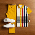 Men's Casual Yellow Geometry Printed Polo Shirt And Trousers Two-Piece Set