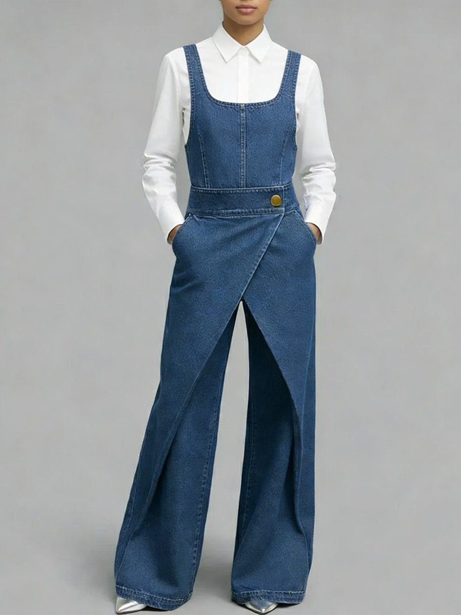 Women's Square-neck Sleeveless Loose-fitting Denim Wide-leg Jumpsuit