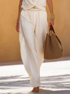 Women's Elegant Vacation White Cowl Neck Top And Wide-leg Trousers Set
