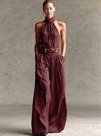 Stylish Waist-cinching Sleeveless Linen-cotton Jumpsuit