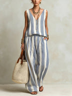 Women's Casual V-Neck Striped Top and Wide-Leg Pants Set