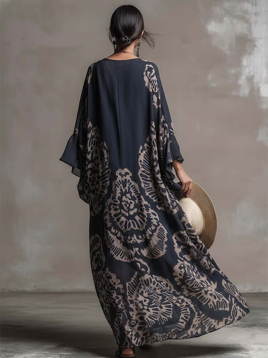 Retro V-neck Floral Print Vacation Maxi Dress