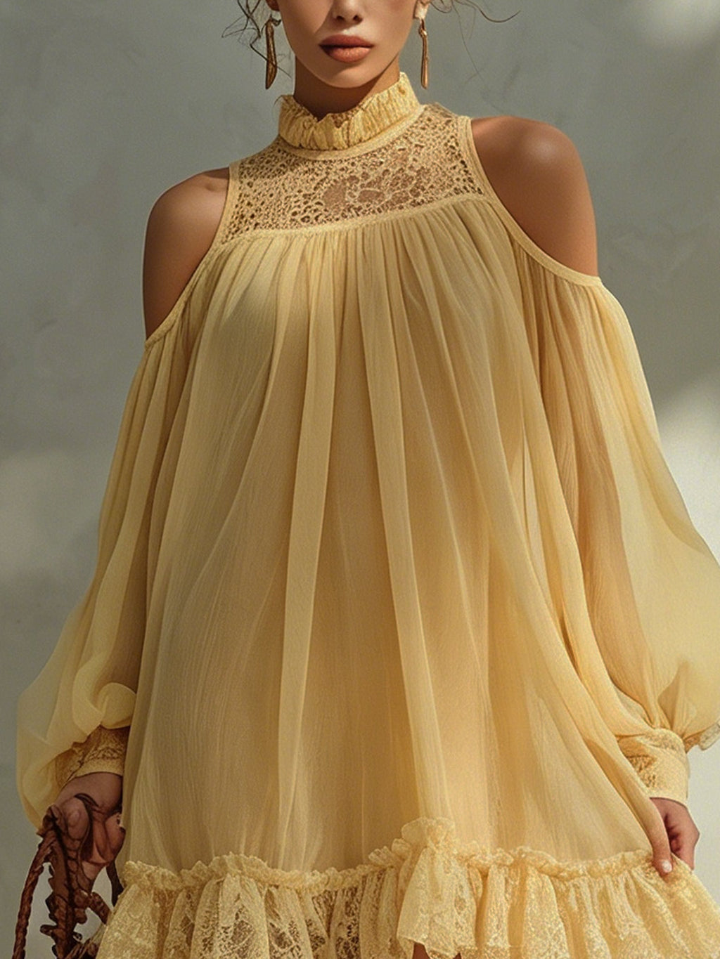 Yellow Off-shoulder Chiffon Lace Mini Dress