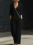 Minimalist V-neck Shirt And Wide-leg Pants Two-piece Set