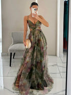 Elegant Painted Floral Print V-Neck A-Line Maxi Dress