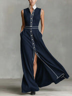 Women's Collared Sleeveless Casual Loose Long Cotton Linen Dress