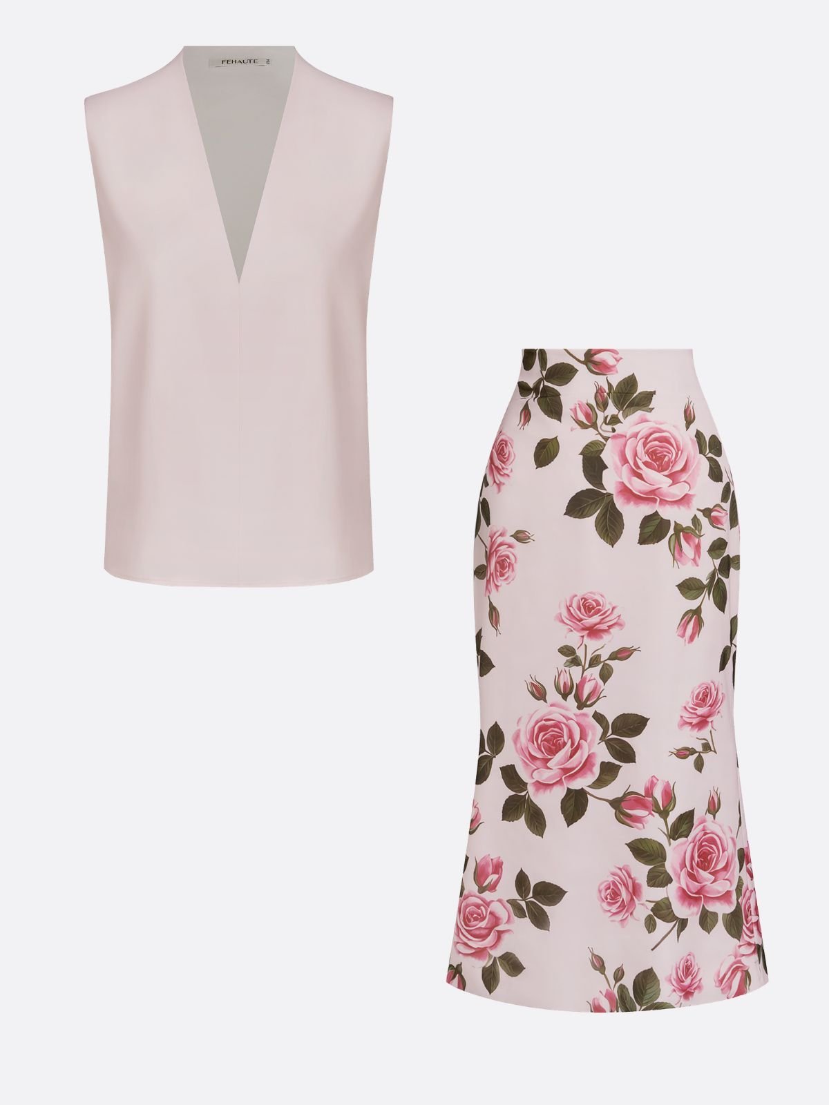 Women Pink Floral V Neck Sleeveless Romantic Top With Skirt Two-Piece Set