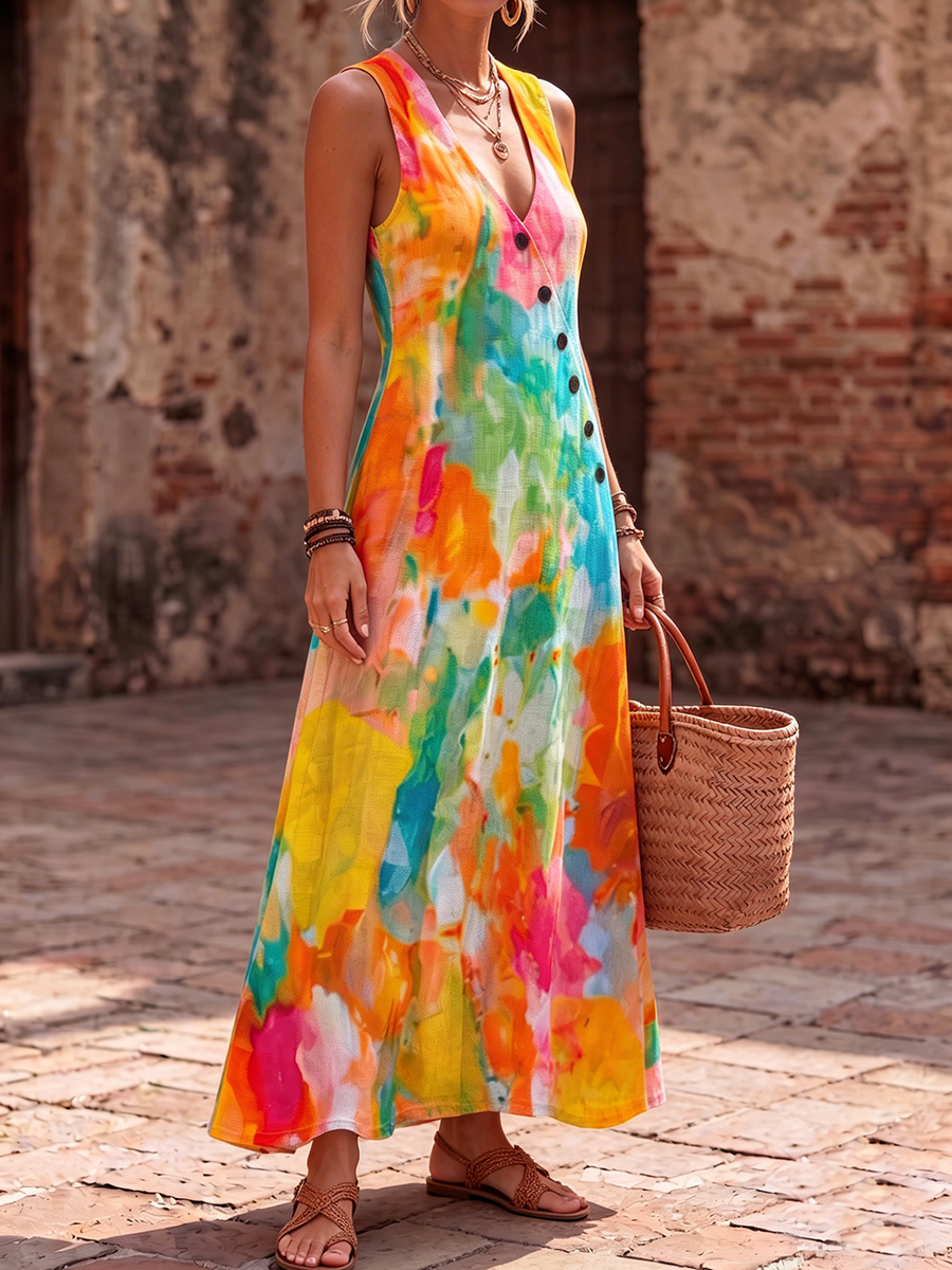 Artistic Watercolor Palette-print Cotton-linen Dress