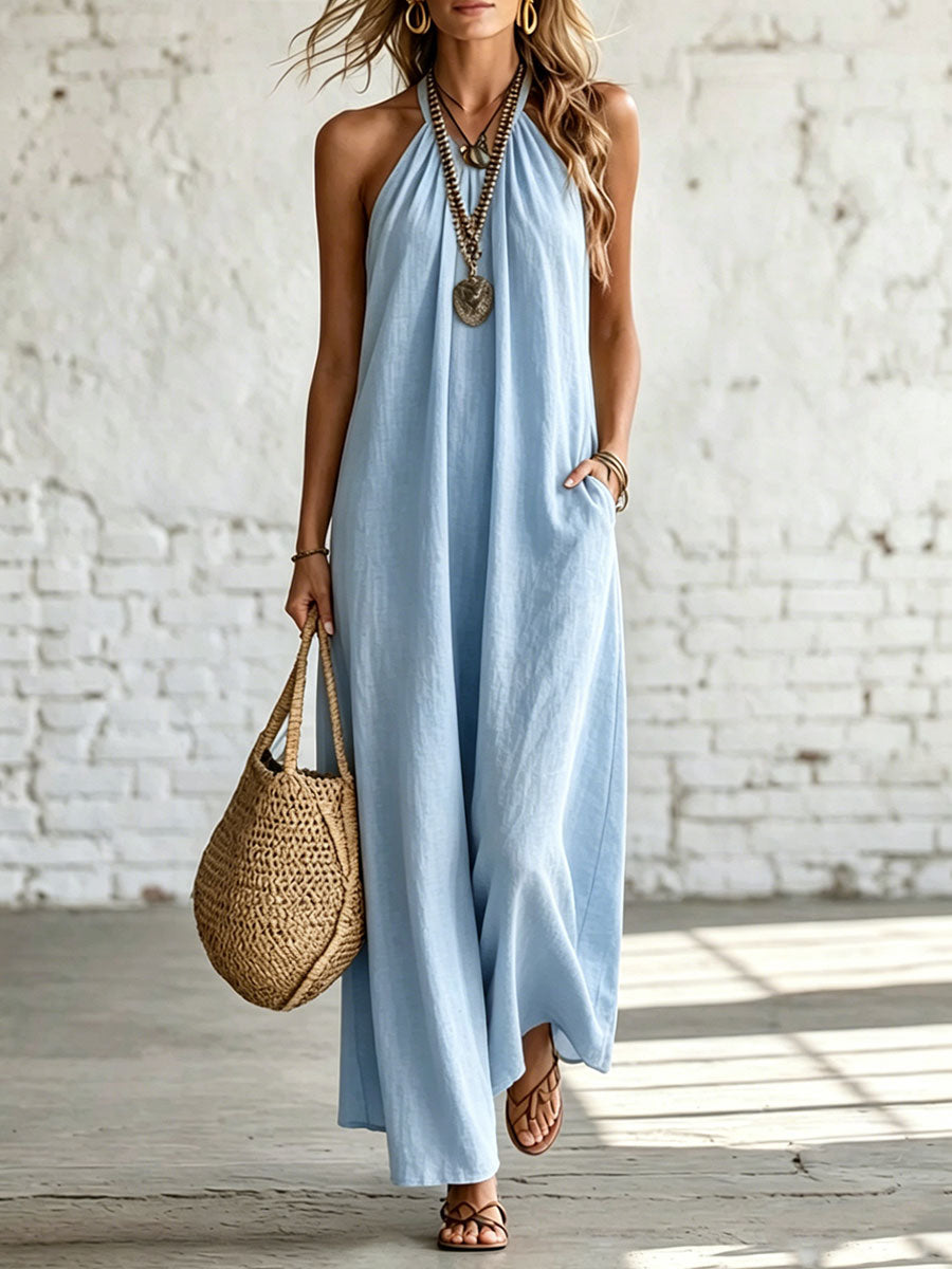 Women's Casual Loose-fitting Linen And Cotton Sleeveless Halter-neck Dress