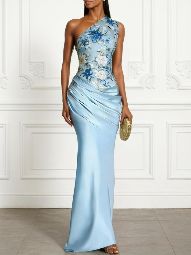Light Blue Floral Satin One Shoulder Sleeveless Sheath Floor-length Gown Dress