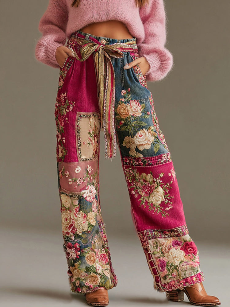Women's Bohemian Floral Embroidery Art Casual Jeans