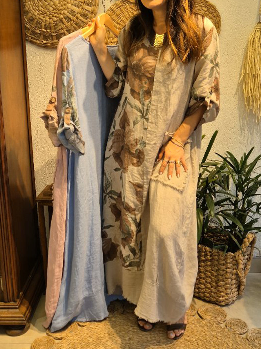 Loose-fitting Casual Floral Print Linen And Cotton Dress