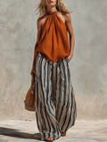 Women's Casual Halter Top And Striped Pants Set