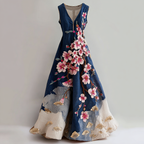 Women's Vintage Japanese Cherry Blossom And Fan Leaf Linen Dress