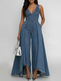 Women's Round Neck Sleeveless Casual Loose Wide-leg Denim Jumpsuit