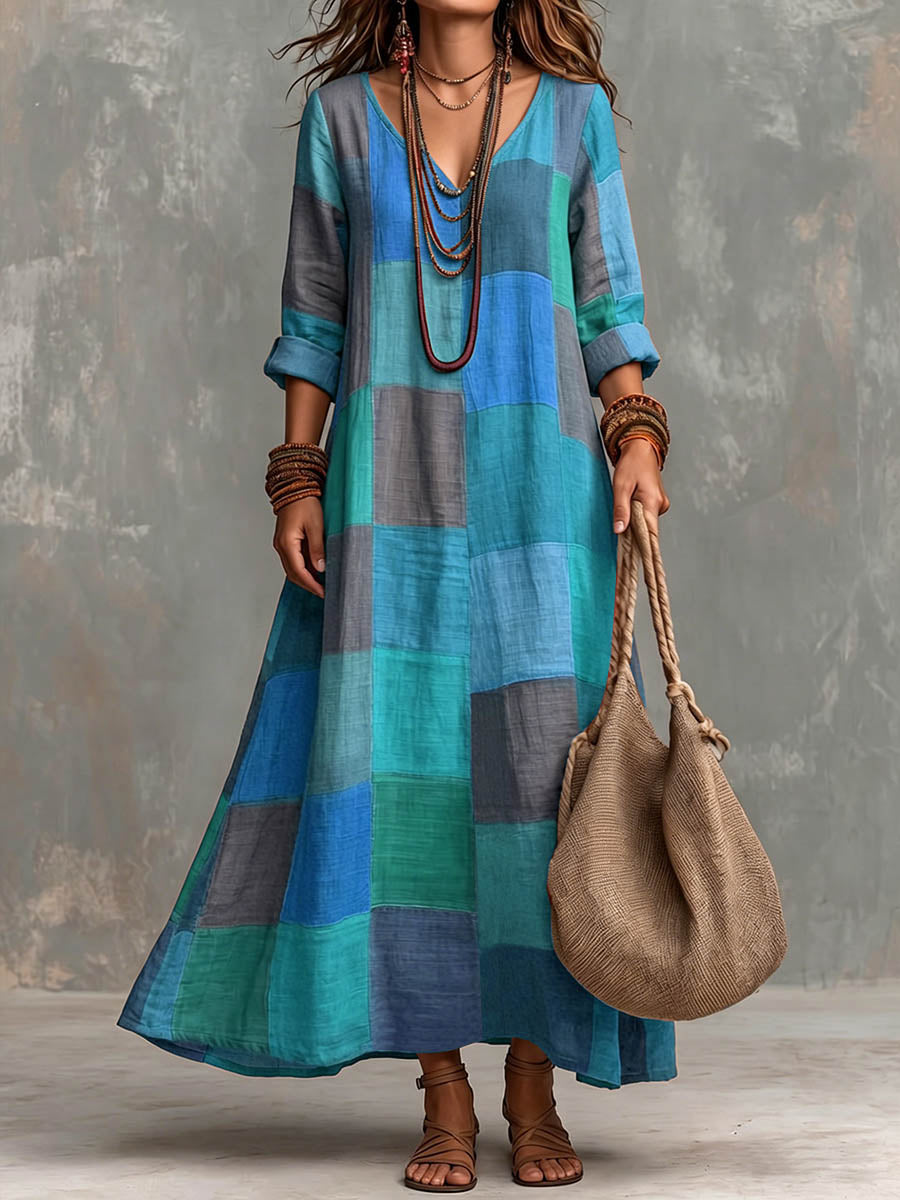 Women's Plaid Print V-neck Long-sleeve Casual Loose-fit Dress
