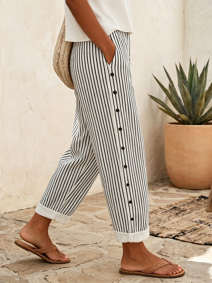 Casual & Cozy Striped Cotton-linen Pants With Side Buttons
