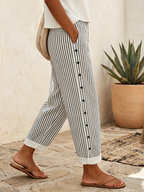 Casual & Cozy Striped Cotton-linen Pants With Side Buttons