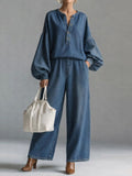 Women's V-neck Long-sleeved Casual Loose Denim Top And High-waisted Loose Wide-leg Denim Pants Set.
