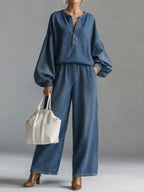 Women's V-neck Long-sleeved Casual Loose Denim Top And High-waisted Loose Wide-leg Denim Pants Set.