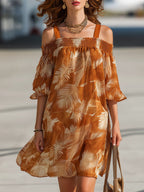 Vacation Orange Off-Shoulder Printed Chiffon Mini Dress