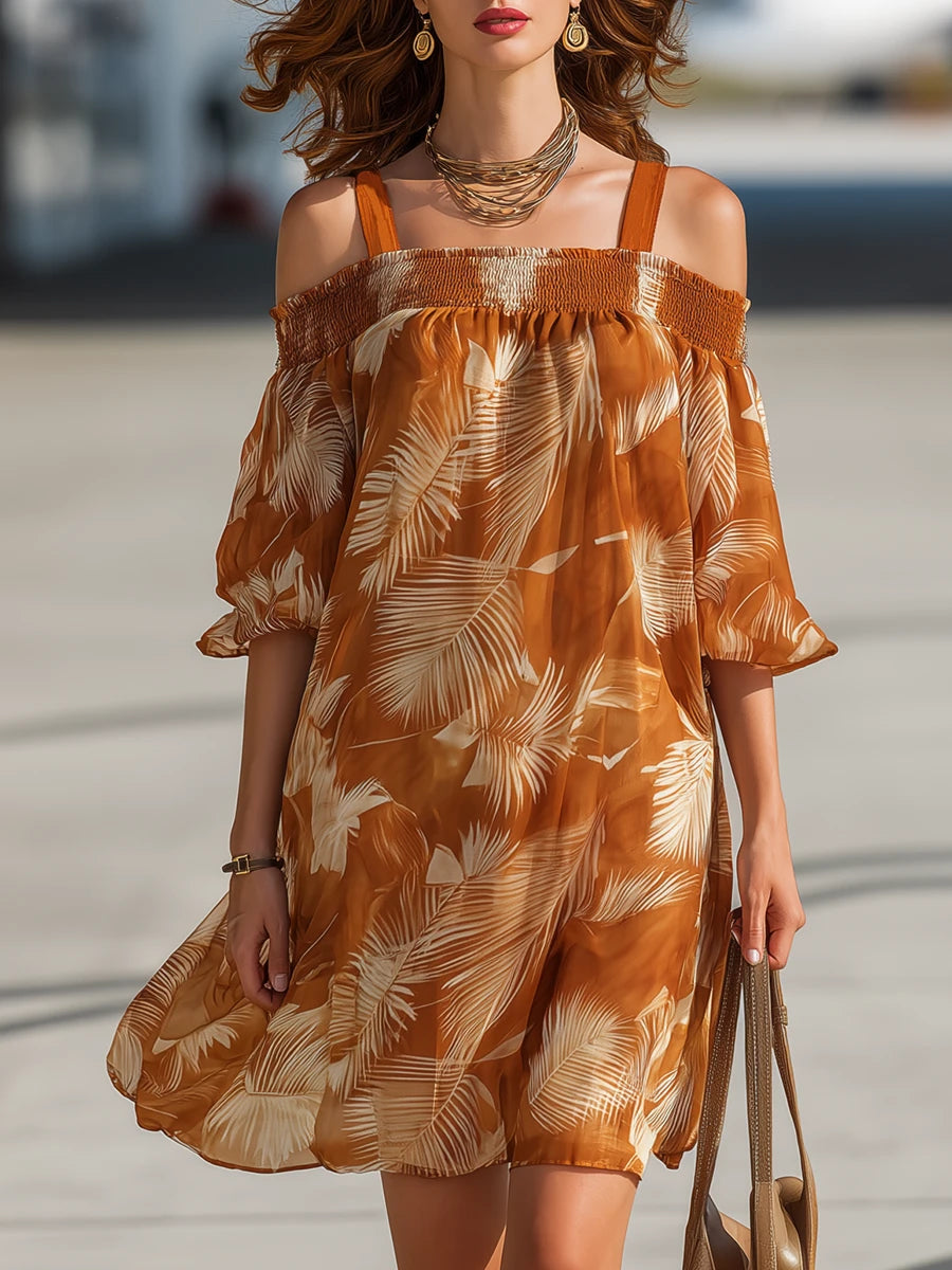 Vacation Orange Off-Shoulder Printed Chiffon Mini Dress