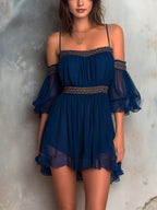 Navy Off-Shoulder Chiffon Mini Dress with Ruffles and Piping