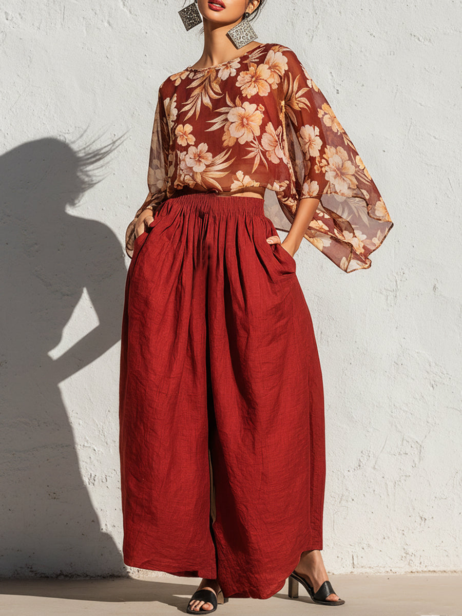 Elegant Chiffon Printed Top And Wide-Leg Pants Set