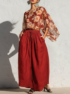 Elegant Chiffon Printed Top And Wide-Leg Pants Set