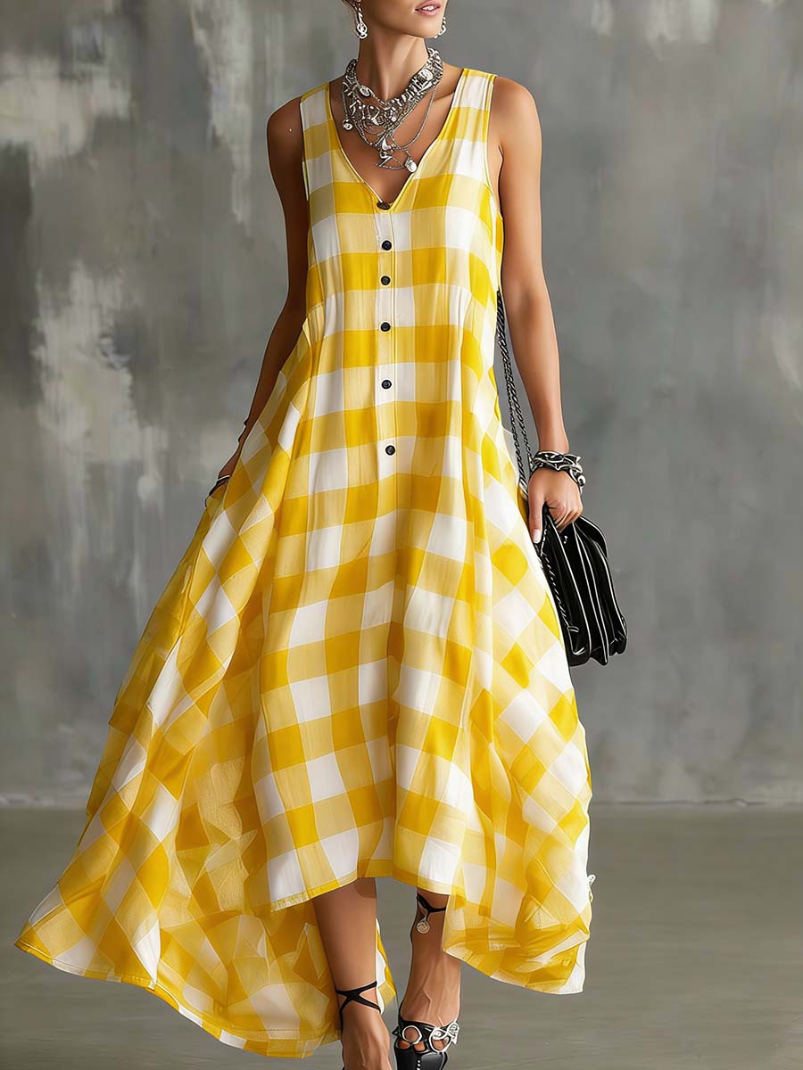 Women's V-neck Sleeveless Plaid Print Casual Loose Cotton Linen Dress