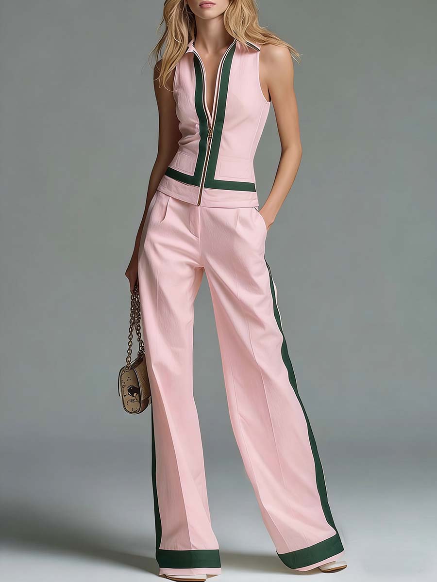Women's Collared Sleeveless Casual Loose Top And High-waisted Casual Loose Wide-leg Pants Cotton Set