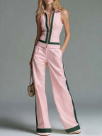 Women's Collared Sleeveless Casual Loose Top And High-waisted Casual Loose Wide-leg Pants Cotton Set
