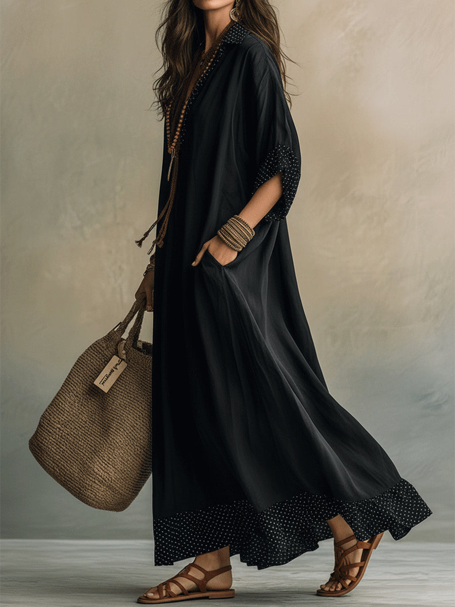 Black Polka Dot Color-blocked Loose-fitting Beach Shirt Maxi Dress