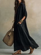 Black Polka Dot Color-blocked Loose-fitting Beach Shirt Maxi Dress