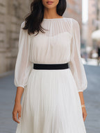 Sheer Pleated Waist Contrast Belt Flowing Maxi Dress