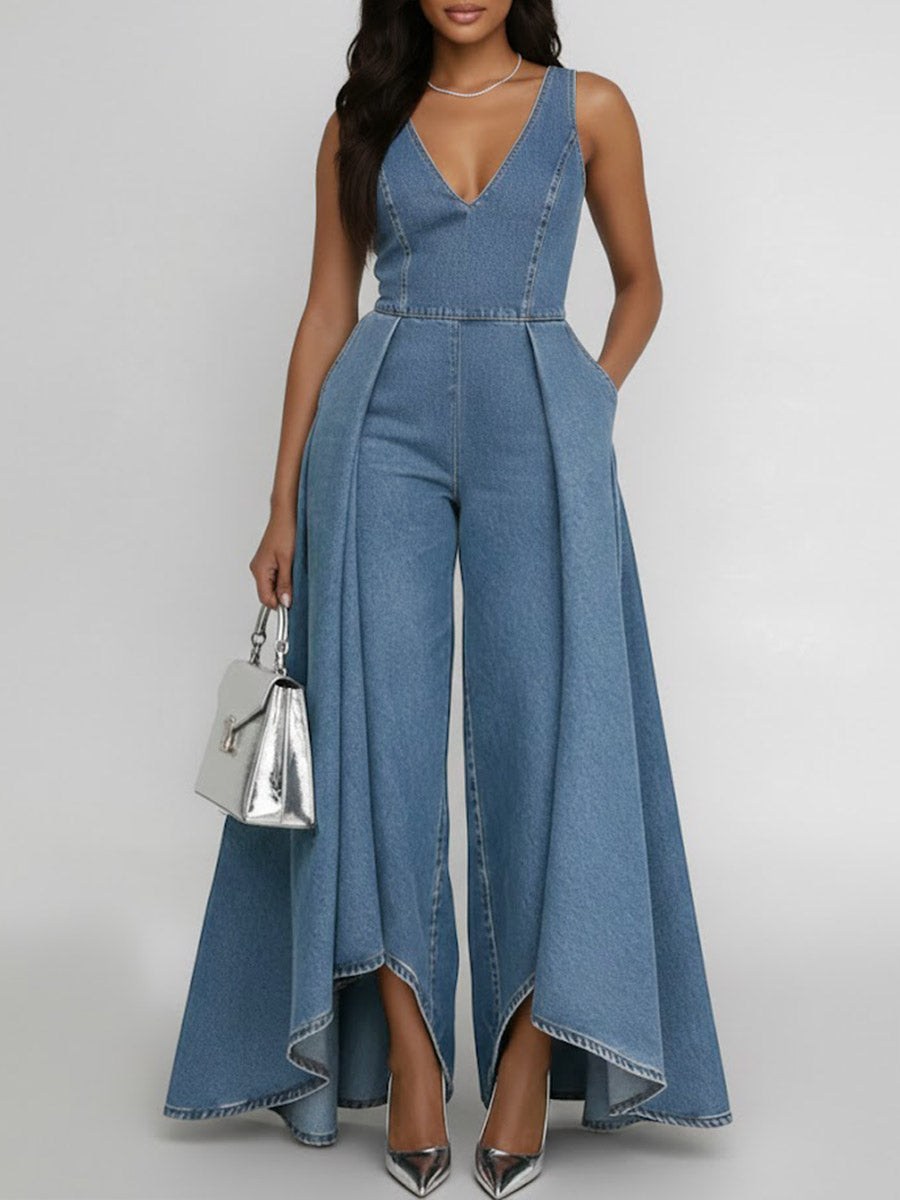 Women's Round Neck Sleeveless Casual Loose Wide-leg Denim Jumpsuit