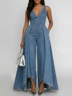 Women's Round Neck Sleeveless Casual Loose Wide-leg Denim Jumpsuit